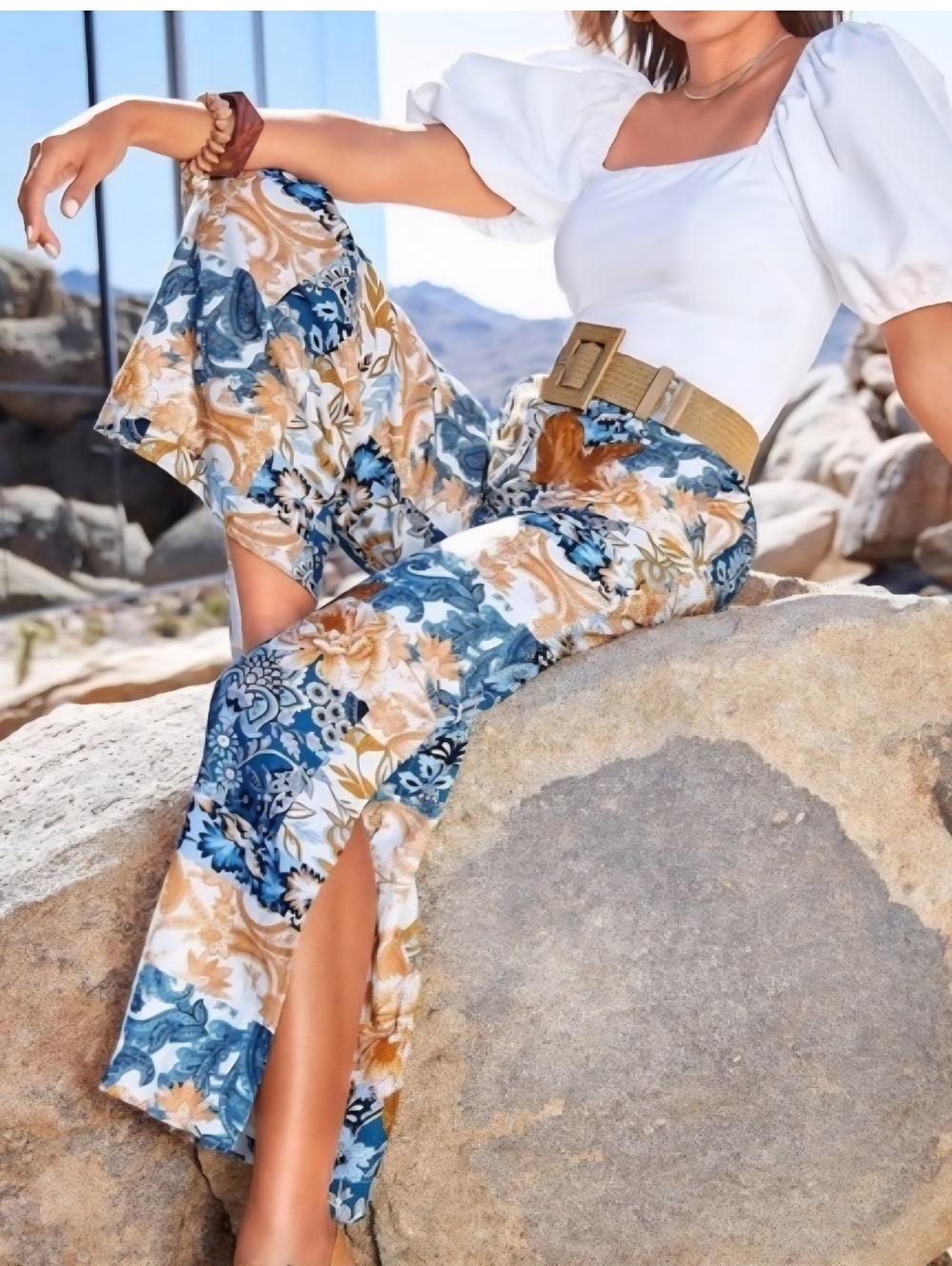 Boston Proper Blue and Gold Floral Patchwork Wide-Leg Pants